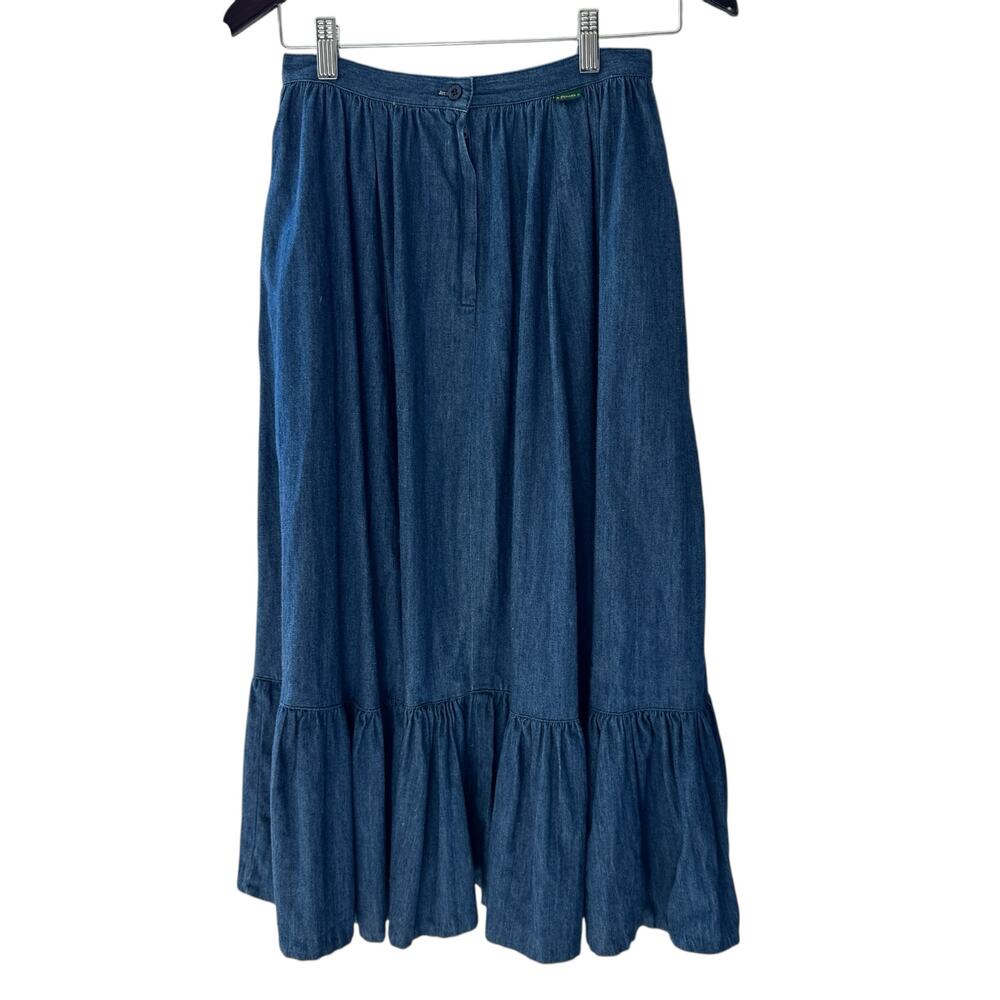 BIS Skirt Womens XS Blue Denim Ruffle Tier Prairie Full Midi Pockets Vintage 80s - Picture 2 of 12